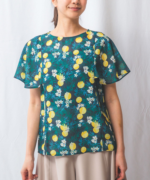 NARACAMICIE（ナラカミーチェ）の「【NARACAMICIE】フルーツ柄シフォン半袖プルオーバー（シャツ/ブラウス・レディース・ネイビー/ホワイト・XL/M）」の2枚目の写真