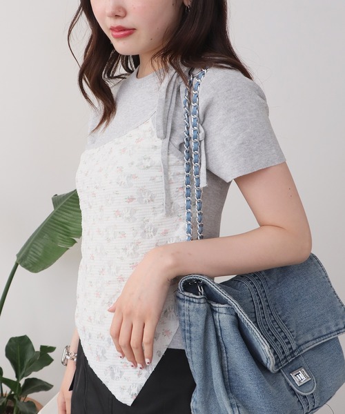 セール】花柄レース半袖ニットトップス（Tシャツ/カットソー