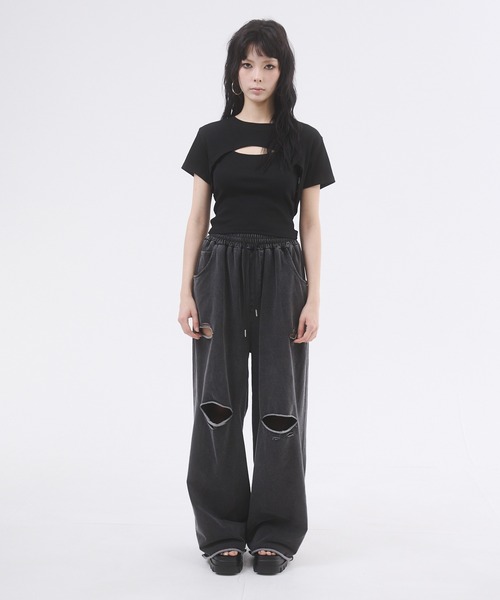 BRILL　5部袖ダメージ加工スウェット SUPERTHANKS トレーナー スウェット フロントプリント ダメージ