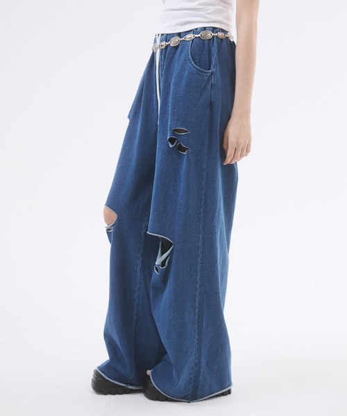 セール】ダメージ加工スウェットワイドパンツ（スウェットパンツ