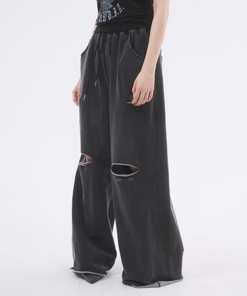 セール】ダメージ加工スウェットワイドパンツ（スウェットパンツ
