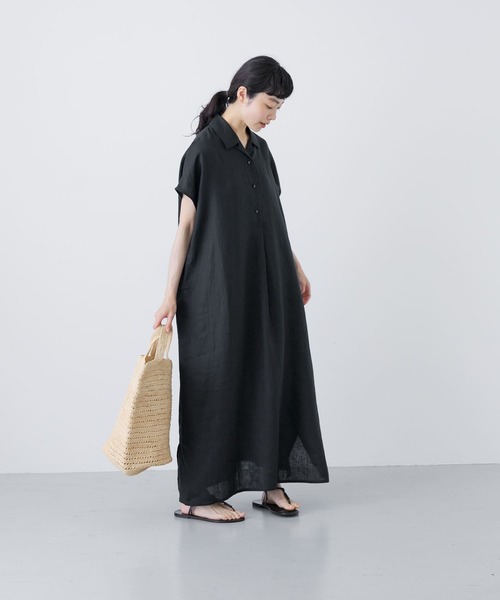かぐれ　リネンフレンチシャツワンピース　ブラック0 新品タグ付き かぐれ（カグレ）の「『2サイズ展開』リネンフレンチシャツ