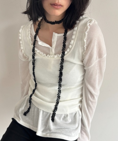 FUULLY STUDIO（フーリィーステューディオ）の「フリルリブニットビスチェタンク（タンクトップ・レディース・ブラック/ライトブルー/オフホワイト/グレー・FREE）」の6枚目の写真