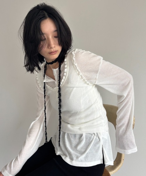 FUULLY STUDIO（フーリィーステューディオ）の「フリルリブニットビスチェタンク（タンクトップ・レディース・ブラック/ライトブルー/オフホワイト/グレー・FREE）」の7枚目の写真