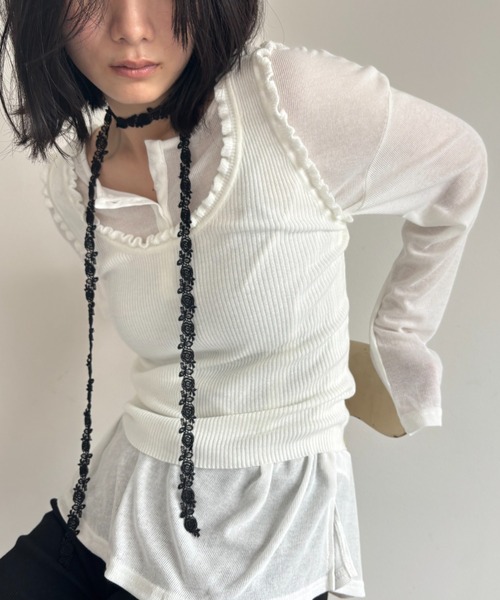 FUULLY STUDIO（フーリィーステューディオ）の「フリルリブニットビスチェタンク（タンクトップ・レディース・ブラック/ライトブルー/オフホワイト/グレー・FREE）」の8枚目の写真