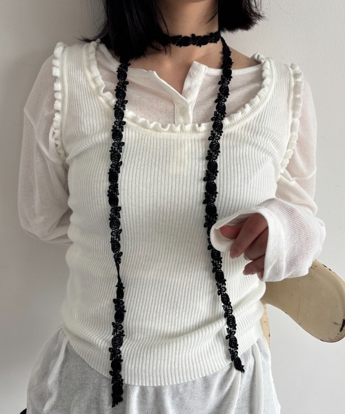 FUULLY STUDIO（フーリィーステューディオ）の「フリルリブニットビスチェタンク（タンクトップ・レディース・ブラック/ライトブルー/オフホワイト/グレー・FREE）」の9枚目の写真