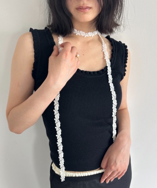 FUULLY STUDIO（フーリィーステューディオ）の「フリルリブニットビスチェタンク（タンクトップ・レディース・ブラック/ライトブルー/オフホワイト/グレー・FREE）」の15枚目の写真