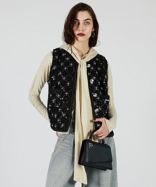 Make-ai ツイードジレ　ツイードベストtweed pois ツイードベスト tweed vest ジレ トップス （新商品