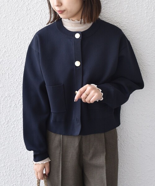 Coyseio ネイビー ボタン付きカーディガン メランジ ボタンレス