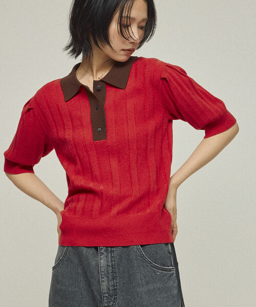 Firsthand(ファーストハンド)の「Firsthand/ファーストハンド 機能性素材 シルク入り バイカラーポロニット / 抗ピル / マシンウォッシャブル(ニット/セーター・レディース・レッド/ブラウン/ベージュ・FREE)」の3枚目の写真