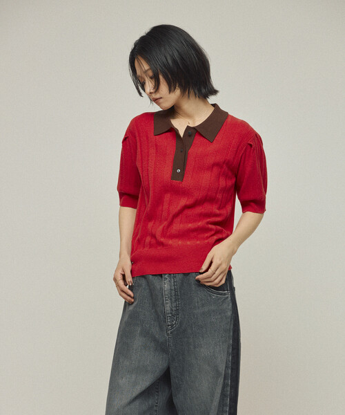 Firsthand(ファーストハンド)の「Firsthand/ファーストハンド 機能性素材 シルク入り バイカラーポロニット / 抗ピル / マシンウォッシャブル(ニット/セーター・レディース・レッド/ブラウン/ベージュ・FREE)」の16枚目の写真