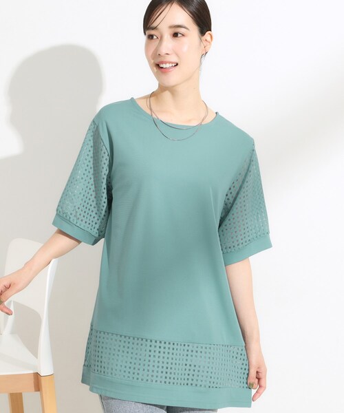 SHOO・LA・RUE(シューラルー)の「【ひんやり/S-LL/二の腕カバー】シアーチェックがポイント 5分袖チュニック(チュニック・レディース・ライトブルー/ブラウン系/ブラック・04/03/02/01)」の3枚目の写真