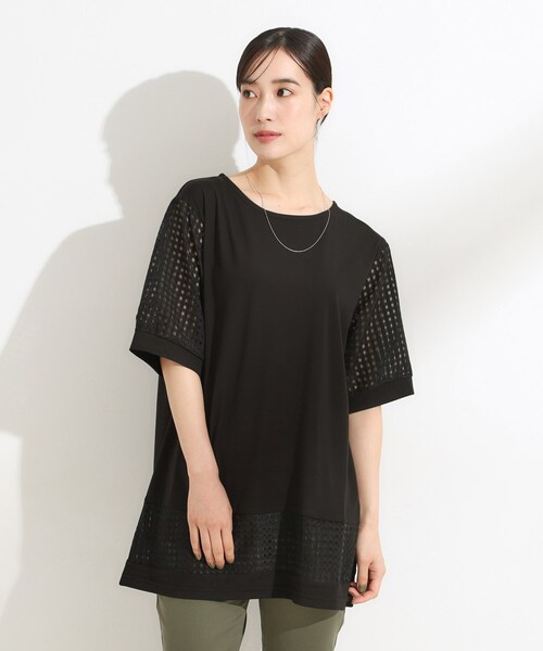 SHOO・LA・RUE(シューラルー)の「【ひんやり/S-LL/二の腕カバー】シアーチェックがポイント 5分袖チュニック(チュニック・レディース・ライトブルー/ブラウン系/ブラック・04/03/02/01)」の20枚目の写真