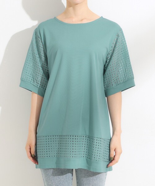 SHOO・LA・RUE(シューラルー)の「【ひんやり/S-LL/二の腕カバー】シアーチェックがポイント 5分袖チュニック(チュニック・レディース・ライトブルー/ブラウン系/ブラック・04/03/02/01)」の6枚目の写真