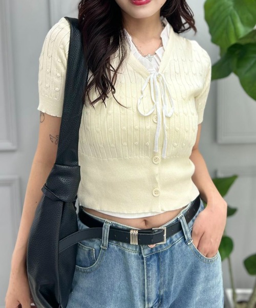 mebole（メボレ）の「Ribbon Sleeve Cardigan（カーディガン/ボレロ・レディース・アイボリー/ブルー・FREE）」の5枚目の写真