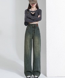NinaetLina（ニナエリナ）の「ダブルボタン パッチデザイン ハイウエスト セミワイドストレートデニム（デニムパンツ）」