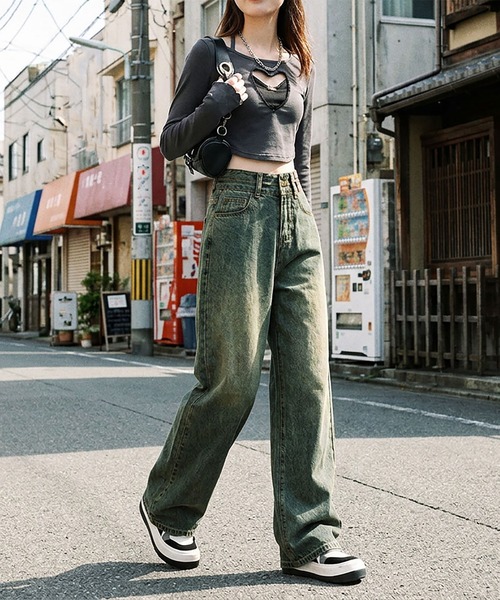 NinaetLina（ニナエリナ）の「ダブルボタン パッチデザイン ハイウエスト セミワイドストレートデニム（デニムパンツ・レディース・ブラック/インディゴブルー/ダークインディゴブルー・S/M/L）」の21枚目の写真