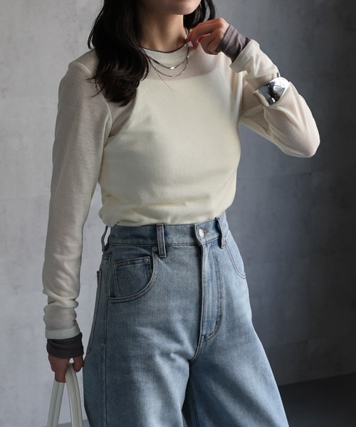 ap retro(アプレトロ)の「フェイクレイヤード 配色シアートップス《動画あり》(Tシャツ/カットソー・レディース・チャコール/アイボリー/ブラック/グレー・FREE)」の9枚目の写真