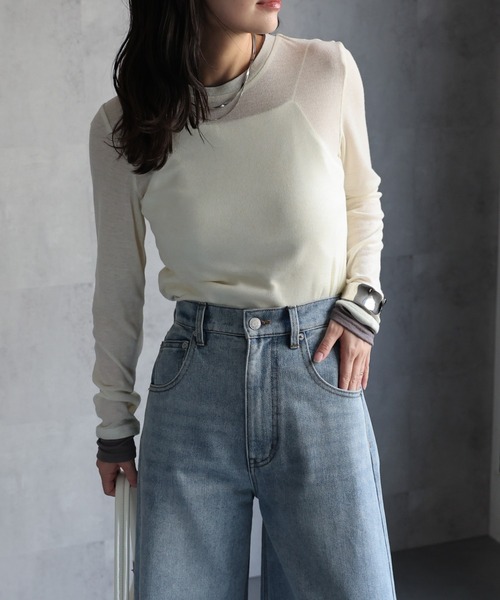 ap retro(アプレトロ)の「フェイクレイヤード 配色シアートップス《動画あり》(Tシャツ/カットソー・レディース・チャコール/アイボリー/ブラック/グレー・FREE)」の7枚目の写真