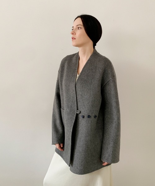 ダークグレー ノーカラーウールジャケット GLOBAL WORK（グローバルワーク）の「ウールノーカラーコート/760816