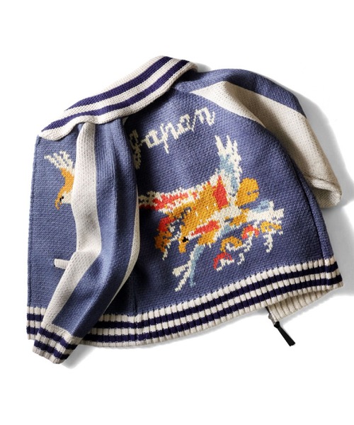 HOUSTON(ヒューストン)の「HOUSTON ヒューストン COWICHAN SWEATER HAWK 手編み カウチン ニット セーター 鷲(カーディガン/ボレロ・メンズ・ブラック/レッド/ブルー・XL/L/M)」の3枚目の写真