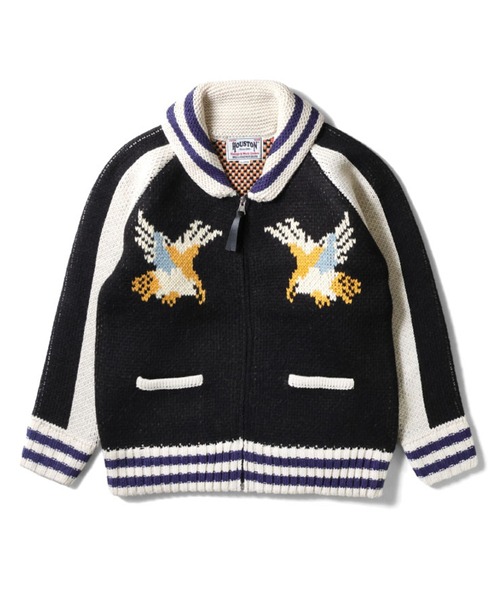 HOUSTON(ヒューストン)の「HOUSTON ヒューストン COWICHAN SWEATER HAWK 手編み カウチン ニット セーター 鷲(カーディガン/ボレロ・メンズ・ブラック/レッド/ブルー・XL/L/M)」の2枚目の写真