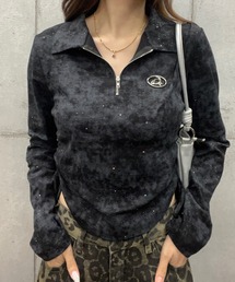 プレート付きショート丈ジップラメロングスリーブTシャツ