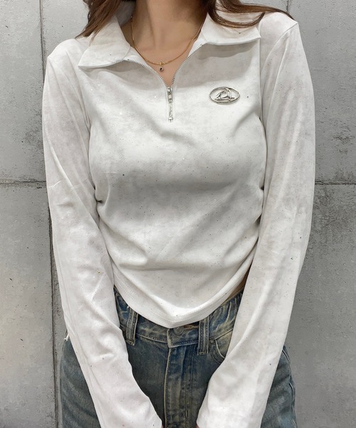 ROGER AND RAW（ロジャーアンドロウ）の「プレート付きショート丈ジップラメロングスリーブＴシャツ（Tシャツ/カットソー・レディース・ホワイト/ブラック/グレー・MEDIUM/LARGE）」の14枚目の写真