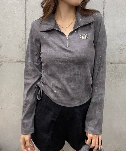 ROGER AND RAW（ロジャーアンドロウ）の「プレート付きショート丈ジップラメロングスリーブＴシャツ（Tシャツ/カットソー・レディース・ホワイト/ブラック/グレー・MEDIUM/LARGE）」の6枚目の写真