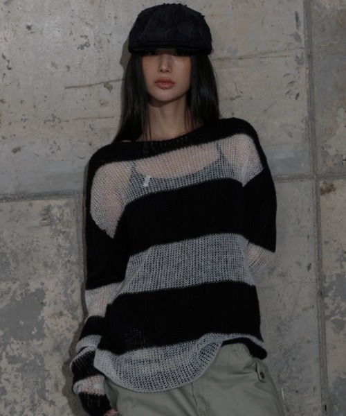 FANCY CLUB（ファンシークラブ）の「A'GEM/9 × .kom 『FANCY CLUB/ファンシークラブ』 HAILEY STRIPE KNIT/ヘアリー ストライプ ニット（ニット/セーター・レディース・ブラック/ブラウン・FREE）」の2枚目の写真