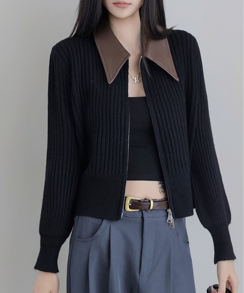FINEnough(ファインナフ)の「リブニット合皮えり配色Wジップカーデ(ニット/セーター・レディース・ホワイト/グレー/ブラック/ネイビー・FREE)」の21枚目の写真