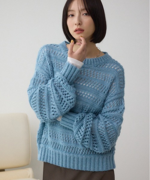 AZUL by moussy(アズールバイマウジー)の「メッシュボーダーインナーセットニット(ニット/セーター・レディース・グレー/ブルー/アイボリー・FREE)」の1枚目の写真