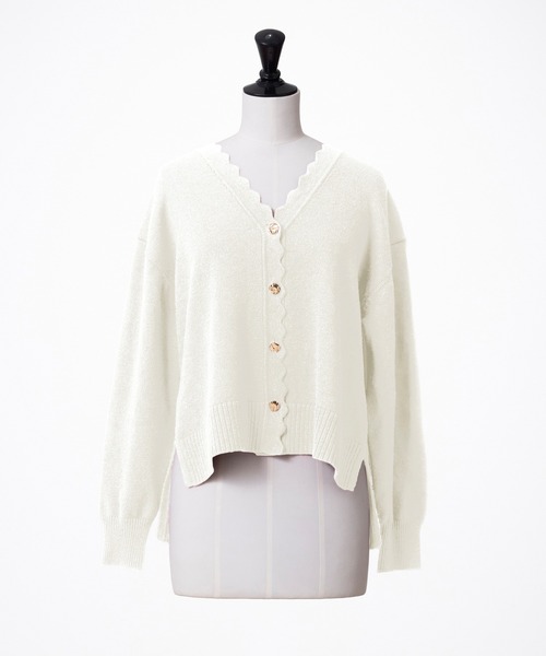 セール】ソフティバルキー_スカラップVネックニット（カーディガン