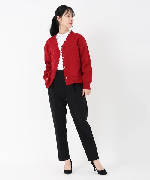 セール】ソフティバルキー_スカラップVネックニット（カーディガン