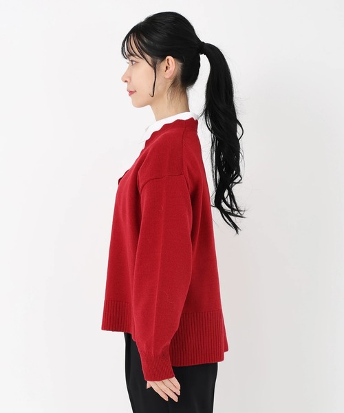 セール】ソフティバルキー_スカラップVネックニット（カーディガン