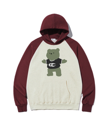 グリーンTシャツクマプリントラグラン配色フードパーカーオートミール