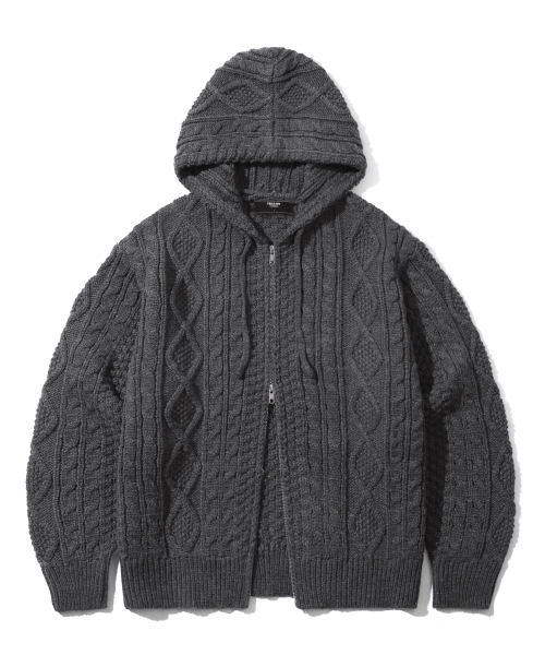 Wollshawl aran cable full hooded zip up knit (чекер)