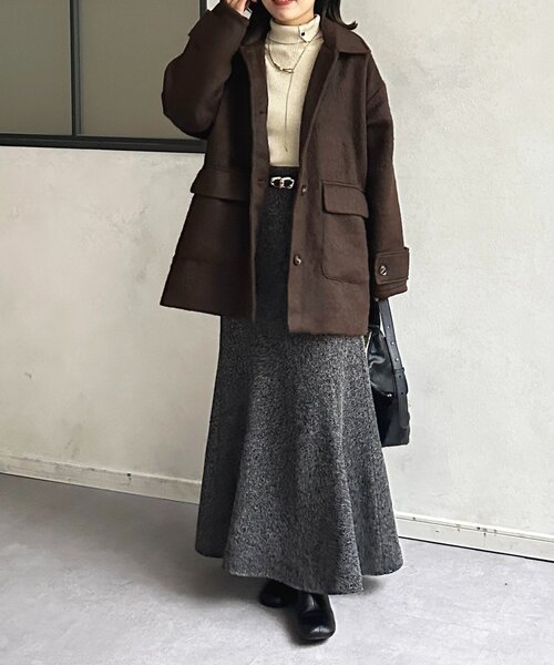 Thevon（ゼボン）の「ステンカラーシャギーミドルコート（その他アウター・レディース・ブラウン/アイボリー/チャコールグレー・FREE）」の4枚目の写真