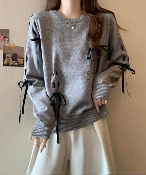 Flugge(フラッジー)の「ランダムリボンニット(ニット/セーター・レディース・グレー/ホワイト・FREE)」の8枚目の写真