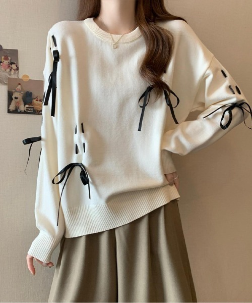 Flugge(フラッジー)の「ランダムリボンニット(ニット/セーター・レディース・グレー/ホワイト・FREE)」の14枚目の写真