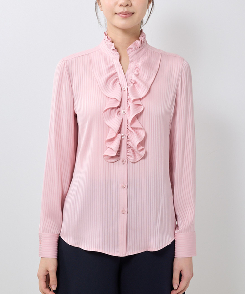 NARACAMICIE(ナラカミーチェ)の「【NARACAMICIE】シャドウストライプフリル長袖ボウタイブラウス(シャツ/ブラウス・レディース・ホワイト/ピンク/ネイビー・S/M/L)」の4枚目の写真