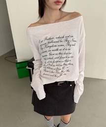 ボートネック レタリング オフショルダー シースルー 長袖 Tシャツ