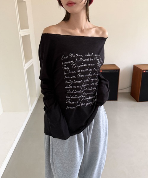 4INT.（フォイント）の「ボートネック レタリング オフショルダー シースルー 長袖 Tシャツ（Tシャツ/カットソー・レディース・ベージュ/ホワイト/ブラック・FREE）」の7枚目の写真