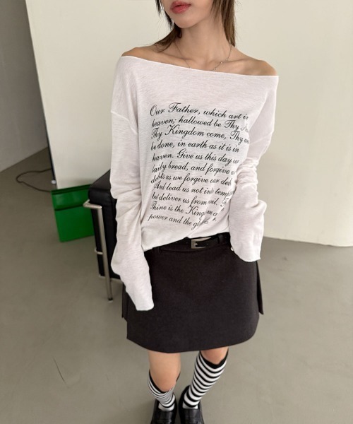 4INT.（フォイント）の「ボートネック レタリング オフショルダー シースルー 長袖 Tシャツ（Tシャツ/カットソー・レディース・ベージュ/ホワイト/ブラック・FREE）」の11枚目の写真