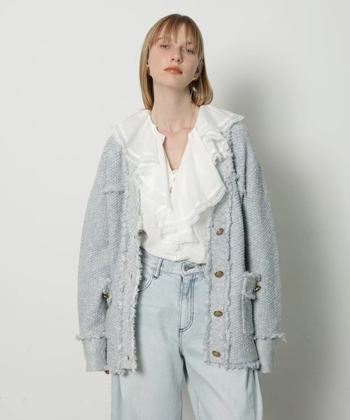 CADUNE（カデュネ）の「フリンジニットカーデ（ニット/セーター・レディース・ライトブルー/ネイビー/ホワイト・38）」の4枚目の写真