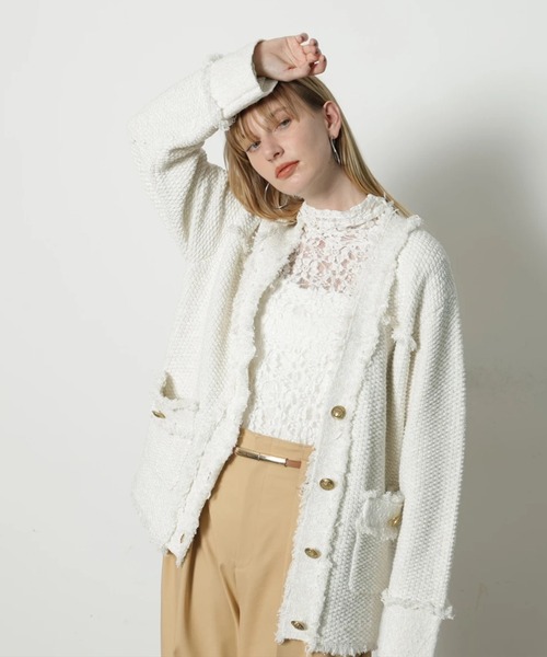 CADUNE（カデュネ）の「フリンジニットカーデ（ニット/セーター・レディース・ライトブルー/ネイビー/ホワイト・38）」の6枚目の写真