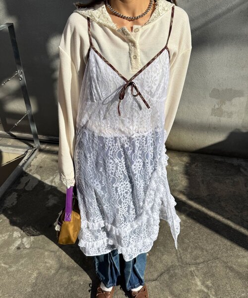 CIAOPANIC（チャオパニック）の「チェックパイピングレースキャミワンピース（ワンピース・レディース・ブラック/ホワイト・ONE SIZE）」の3枚目の写真