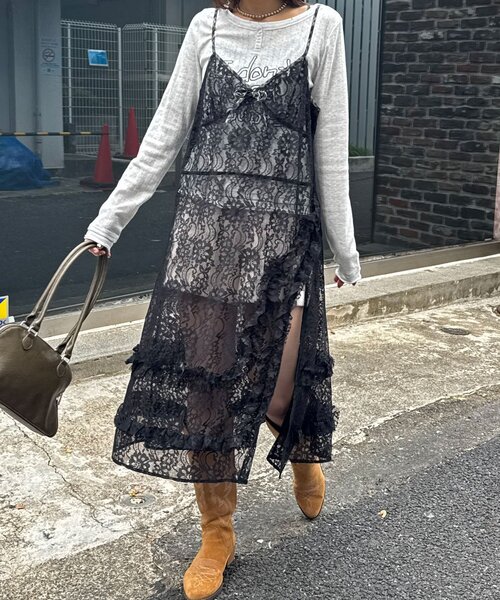 CIAOPANIC（チャオパニック）の「チェックパイピングレースキャミワンピース（ワンピース・レディース・ブラック/ホワイト・ONE SIZE）」の12枚目の写真