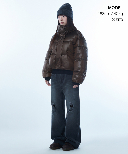 MUSINSA STANDARD WOMAN（ムシンサスタンダードウーマン）の「ウィメンズデイリープファーグロッシーショートダウンジャケット[ブラウン]（ダウンジャケット/コート・レディース・その他・LARGE/MEDIUM/SMALL/X-SMALL）」の2枚目の写真