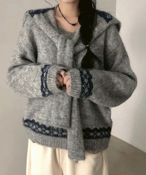 leune(ルネ)の「リボンジャガードストールセットVネックニット/オーバーサイズニットプルオーバー(ニット/セーター・レディース・ベージュ/グレー・FREE)」の7枚目の写真